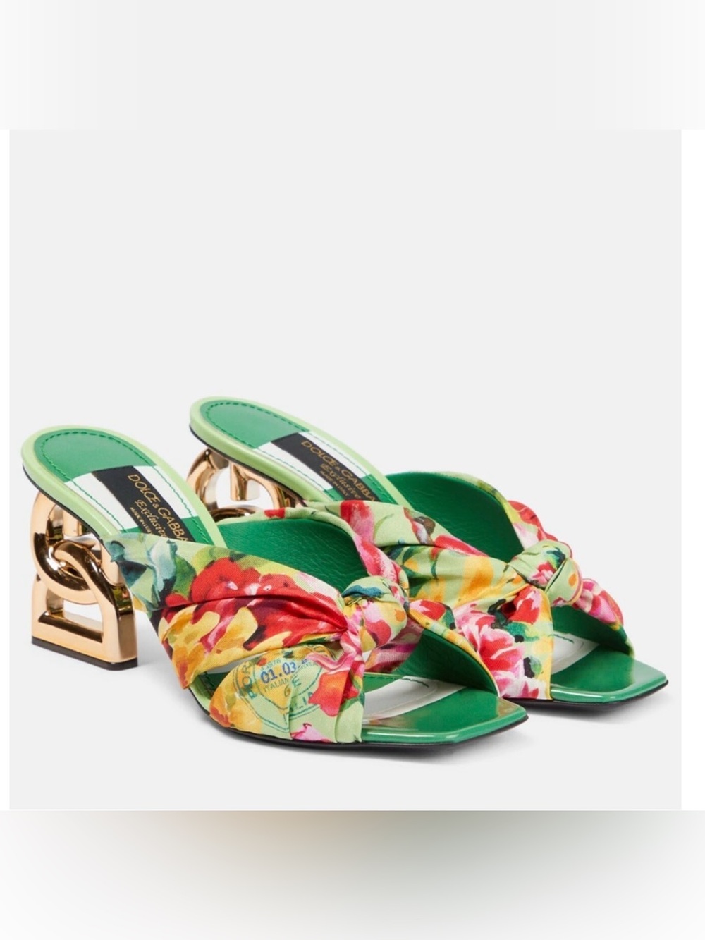 Rare✨Dolce & Gabbana Floral Knot Portofino Mules with Gold Sculpted Heel 37.5